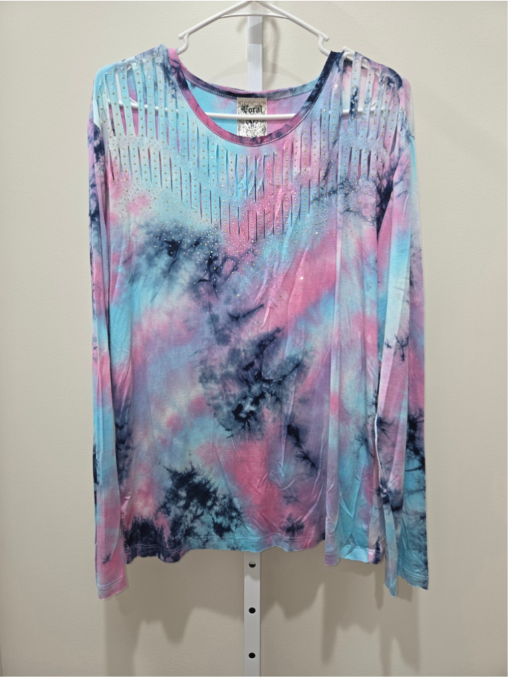 •Vocal• Women's Long Sleeve Tee Size L Blue Pink Tie Dye Rhinestone Cutout